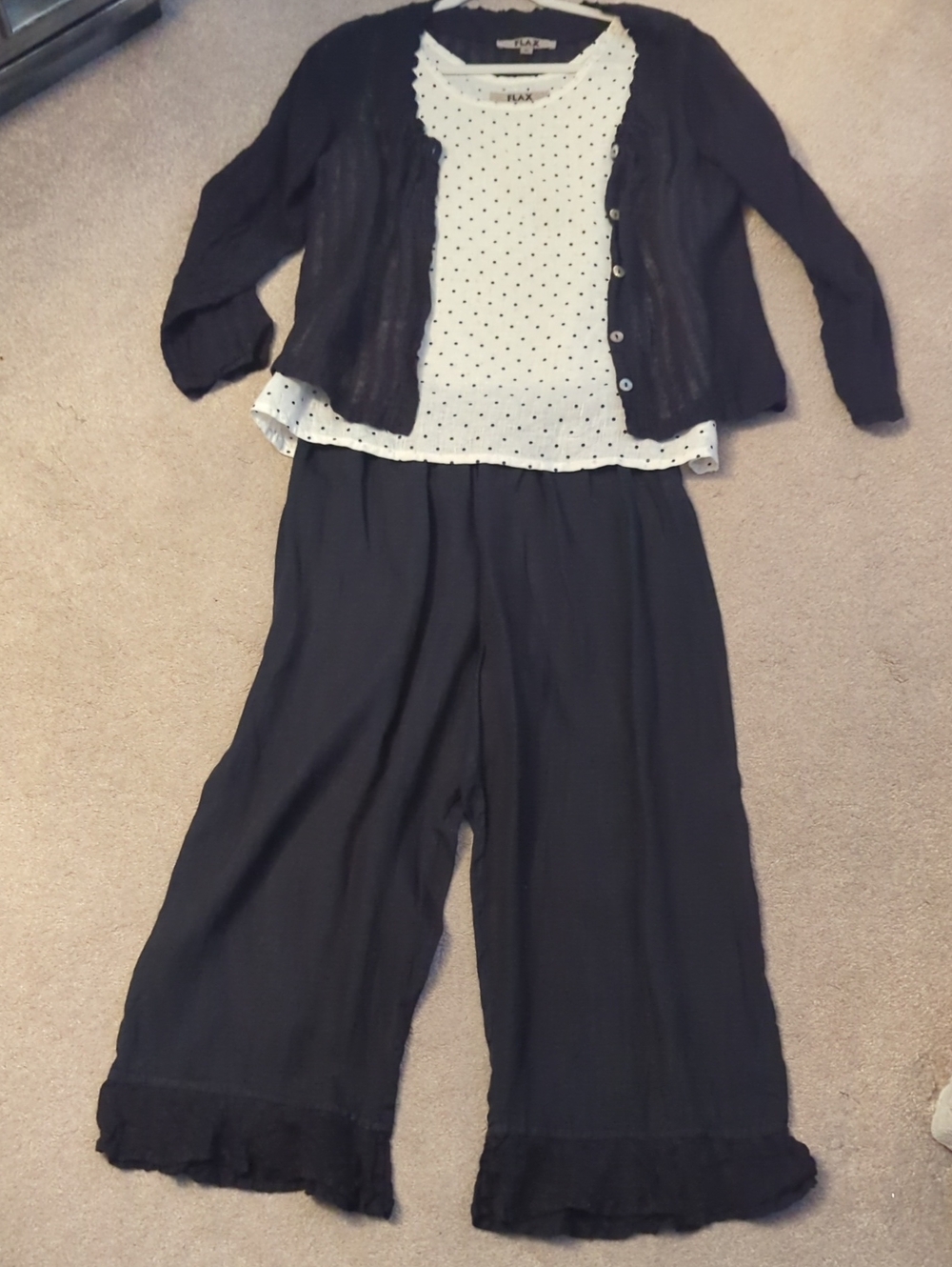 3 Piece Flax Black Wide-Leg Ruffle Hem Pants And Tops, 100% Linen